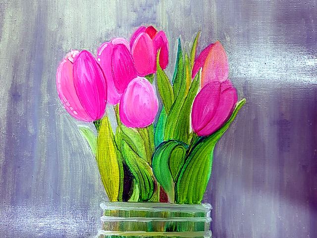 Water colour painting of pink tulips in a glass jar by a student