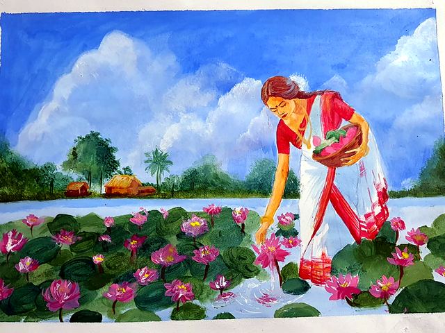 Painting of a girl with a basket beside a lotus pond