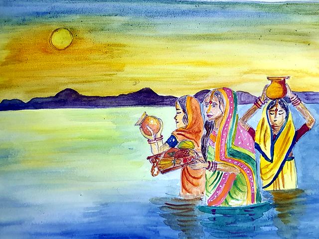 Water colour painting of a boat on a river with figures