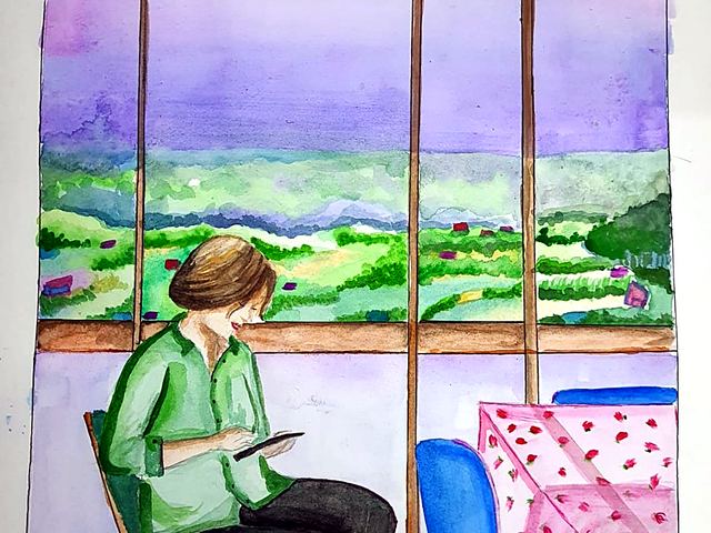 Water colour painting of a man sitting on a chair beside a window