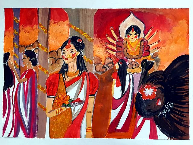 Madhubani style painting of women in traditional dress with a peacock